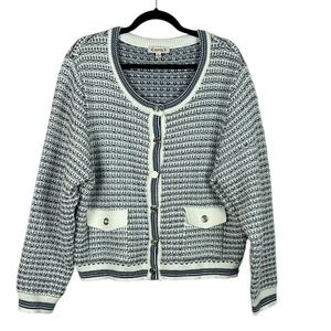 Nanette Lepore Preppy Long Sleeve Chunky Knit Cardigan Sweater XL Blue White